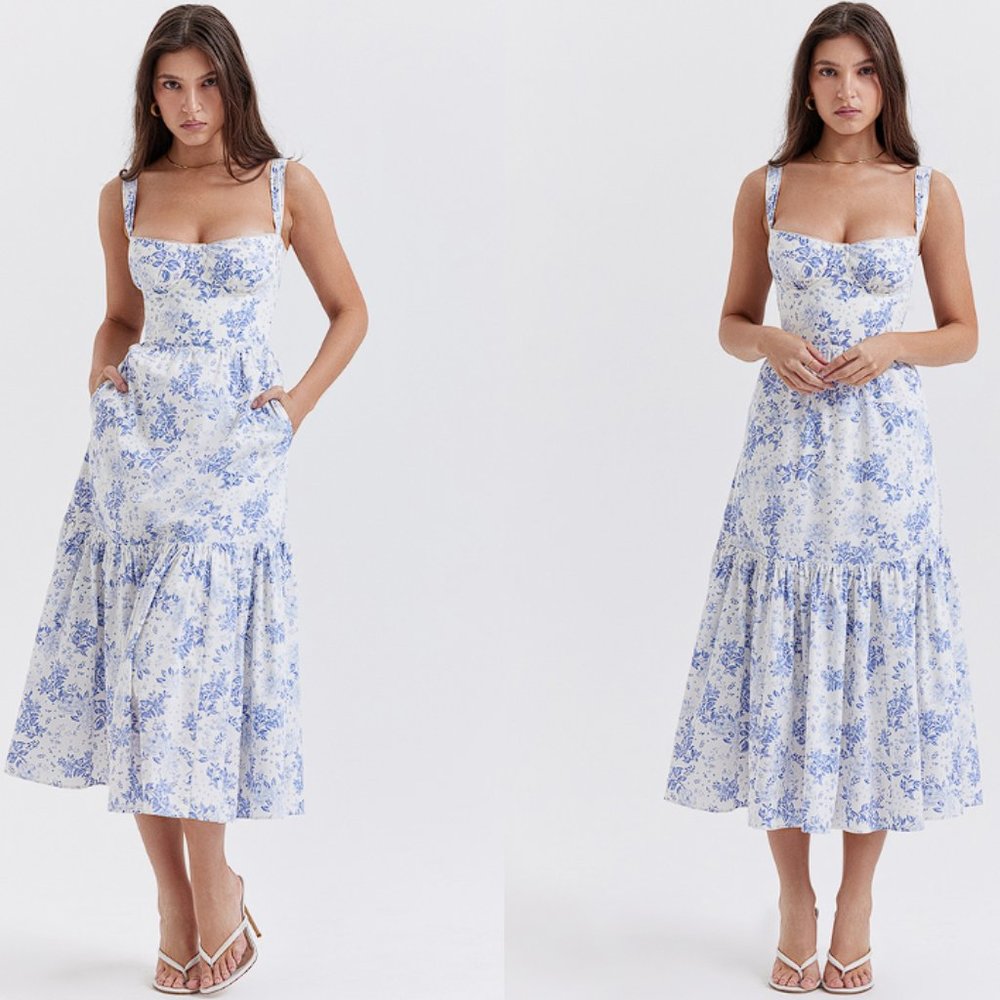 HOUSE OF CB 'Elia' Blue Print Midi Sundress NWOT